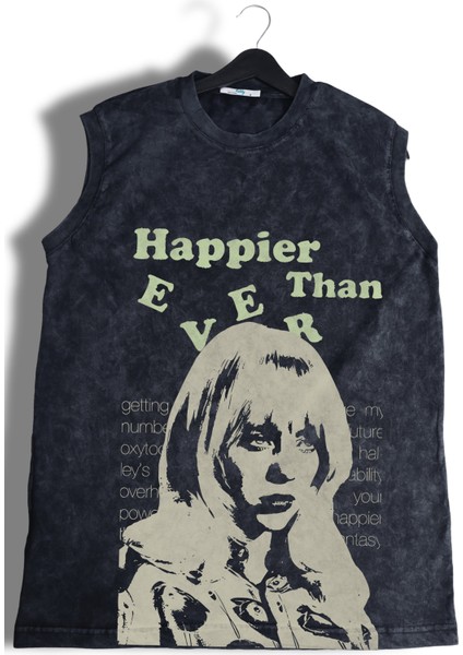 Happier Than Ever Yazılı Yıkamalı Kolsuz Tişört, Unisex Billie Eilish Baskılı Sıfır Kollu Atlet