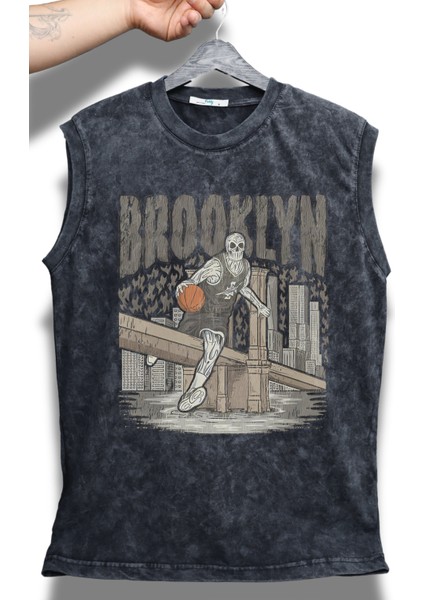 Brooklyn Yazılı Yıkamalı Kolsuz Tişört, Unisex Basketbol Temalı Sıfır Kollu Vintage Atlet