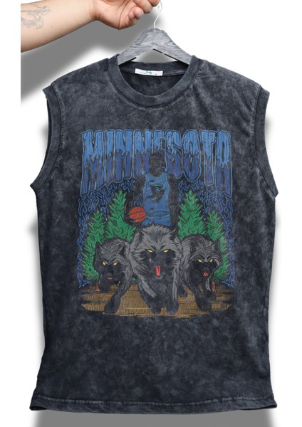 Minnesota Yazılı Yıkamalı Kolsuz Tişört, Unisex Basketbol Temalı Sıfır Kollu Retro Atlet