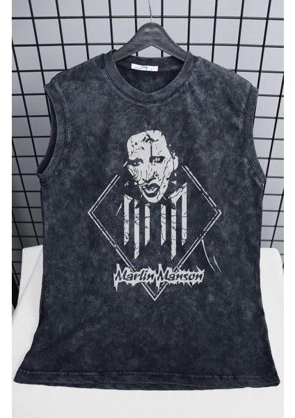 Marlin Manson Yazılı Yıkamalı Kolsuz Tişört, Unisex Rock Band Temalı Sıfır Kollu Retro Atlet