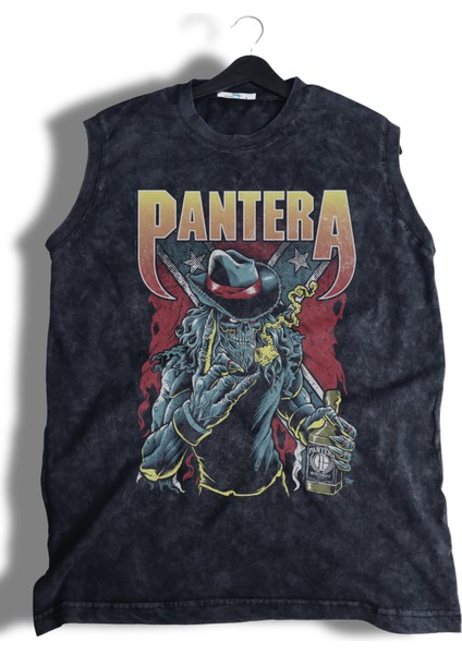 Pantera Baskılı Yıkamalı Kolsuz Tişört, Unisex Rock Band Temalı Sıfır Kollu Vintage Atlet