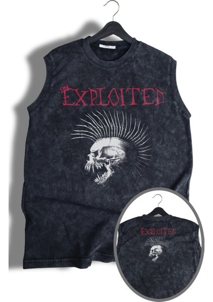 Skull The Exploited Ense Baskılı Yıkamalı Kolsuz Tişört, Unisex Rock Band Temalı Sıfır Kol Atlet