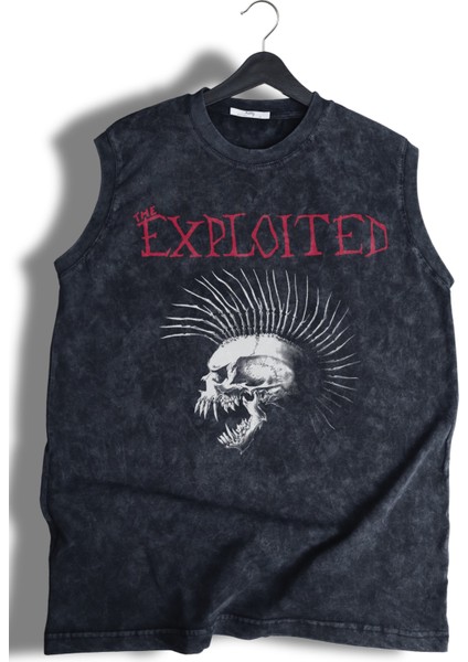 Skull The Exploited Ense Baskılı Yıkamalı Kolsuz Tişört, Unisex Rock Band Temalı Sıfır Kol Atlet modelleri