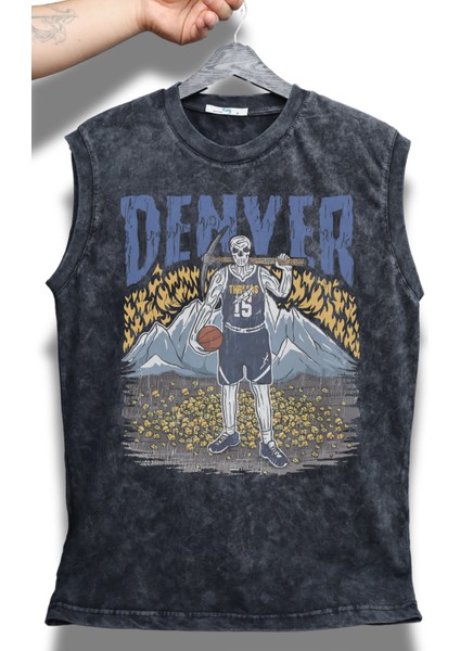 Denver Yazılı Yıkamalı Kolsuz Tişört, Unisex Basketbol Temalı Sıfır Kollu Eskitme Atlet