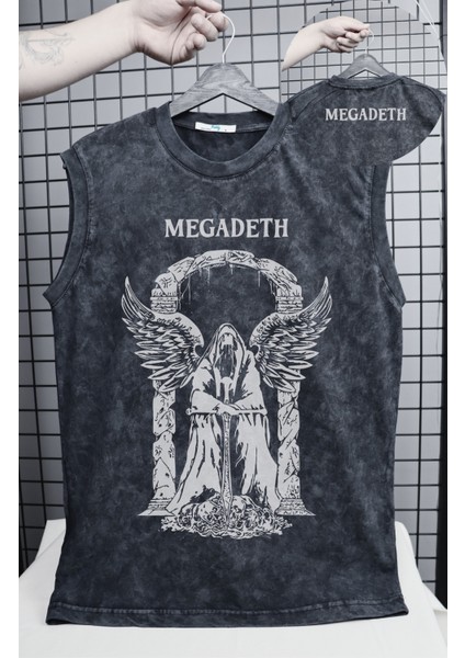 Megadeth Melek Baskılı Yıkamalı Kolsuz Tişört, Unisex Rock Band Temalı Sıfır Kollu Retro Atlet