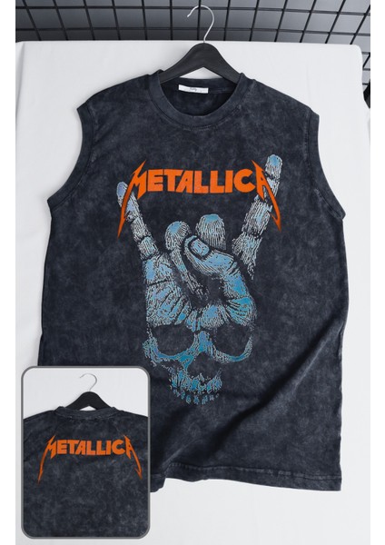 Metallica Rock Baskılı Yıkamalı Kolsuz Tişört, Unisex Rock Band Temalı Sıfır Kollu Vintage Atlet
