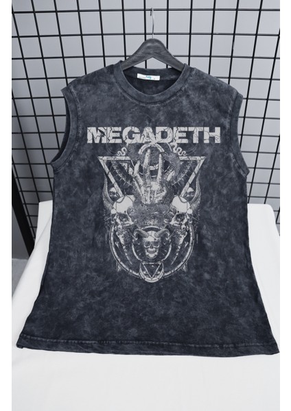 Megadeth Yazılı Yıkamalı Kolsuz Tişört, Unisex Rock Band Temalı Sıfır Kollu Eskitme Atlet