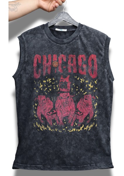 Chicago Yazılı Yıkamalı Kolsuz Tişört, Unisex Basketbol Temalı Sıfır Kollu Retro Atlet