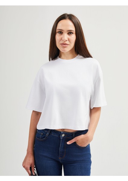Lucia 82001 Oversize Crop Beyaz Kadın Basic T-Shirt