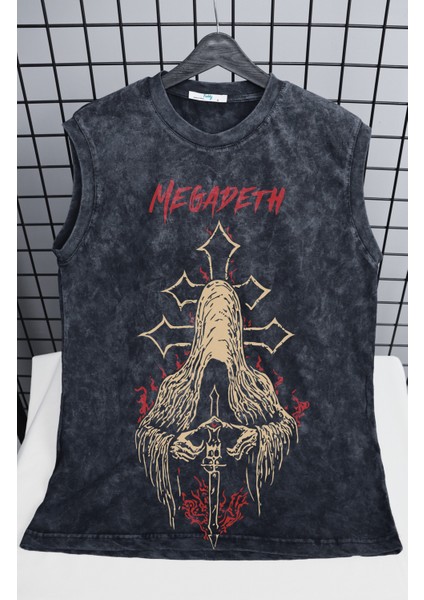 Megadeth Baskılı Yıkamalı Kolsuz Tişört, Unisex Rock Band Temalı Vintage Sıfır Kollu Atlet