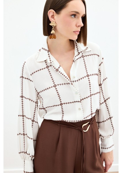 Nakış Detaylı Viskon Gömlek - Kahve