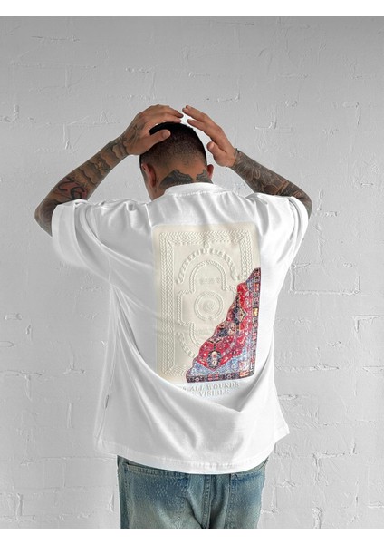 Erkek Baskılı Oversize T-Shirt Beyaz