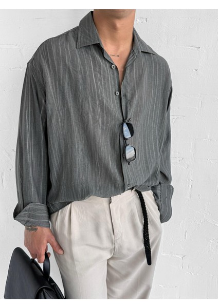 Erkek Dokulu Desenli Çizgili Oversize Gömlek Siyah