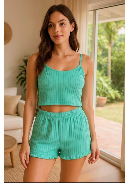 Crop Takım - Askılı Crop Takım Likralı Turkuaz (Xl)