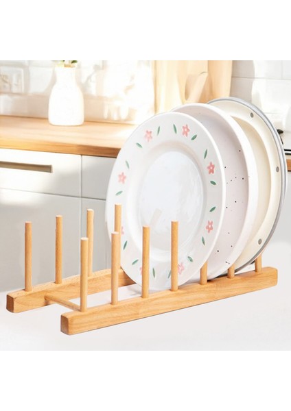 6 Bölmeli Bambu Tabak Standı - Bambu Tabaklık Bulaşıklık Mutfak Organizer Dekoratif Düzenleyici