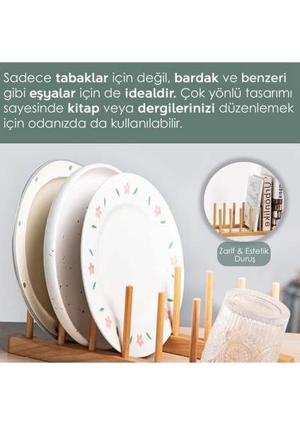 6 Bölmeli Bambu Tabak Standı - Bambu Tabaklık Bulaşıklık Mutfak Organizer Dekoratif Düzenleyici