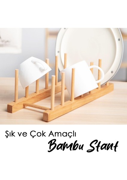 6 Bölmeli Bambu Tabak Standı - Bambu Tabaklık Bulaşıklık Mutfak Organizer Dekoratif Düzenleyici