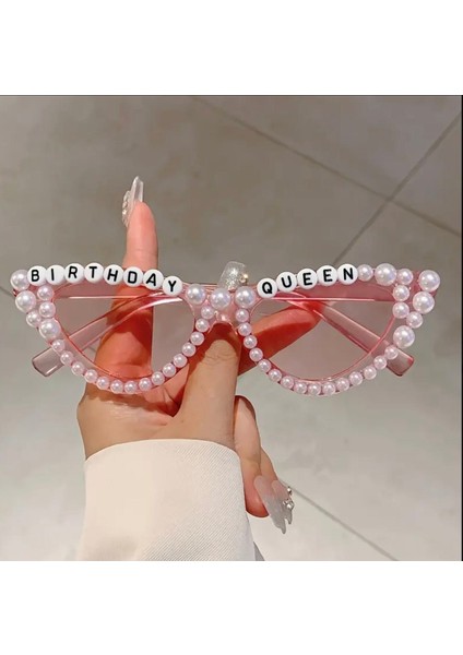 Birthday Queen Yazılı Inci Süslemeli Pembe Parti Gözlüğü
