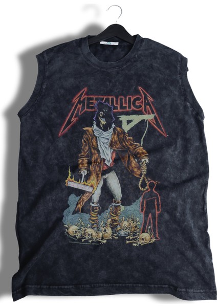 Metallica Vintage Baskılı Yıkamalı Kolsuz Tişört, Unisex Rock Band Temalı Sıfır Kollu Atlet