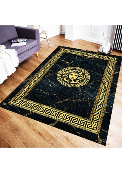Medusa Motif Gold Motif Süngerli , Kalın Yüzey Makinede Yıkanabilir Halı - Deri Taban