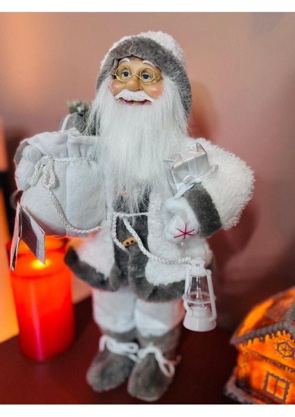 Noel Baba 45 cm El Fenerli Beyaz Aksesuarlarıyla Yılbaşı Süsü