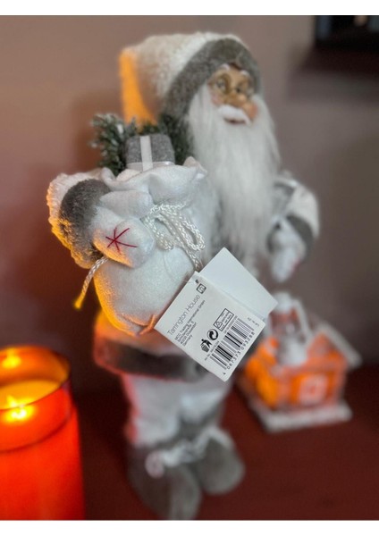Noel Baba 45 cm El Fenerli Beyaz Aksesuarlarıyla Yılbaşı Süsü