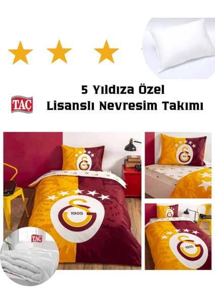 Taç Lisanslı Galatasaray 5.yıldız Tek Kişilik Pamuk Nevresim Takımı + Yorgan + Yastık