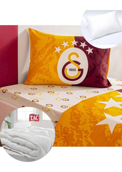 Taç Lisanslı Galatasaray 5.yıldız Tek Kişilik Pamuk Nevresim Takımı + Yorgan + Yastık