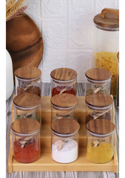 Bambu Silikonlu Kapaklı Borosilikat Cam Standlı Baharatlık - 250 ml Baharat Takımı 28 Parça