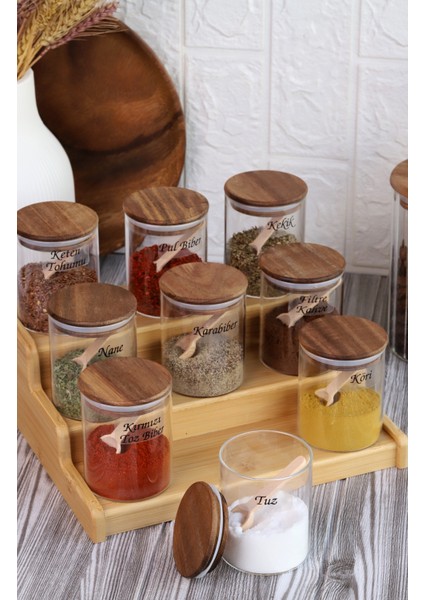 Bambu Silikonlu Kapaklı Borosilikat Cam Standlı Baharatlık - 250 ml Baharat Takımı 28 Parça