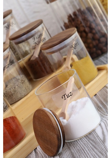 Bambu Silikonlu Kapaklı Borosilikat Cam Standlı Baharatlık - 250 ml Baharat Takımı 28 Parça