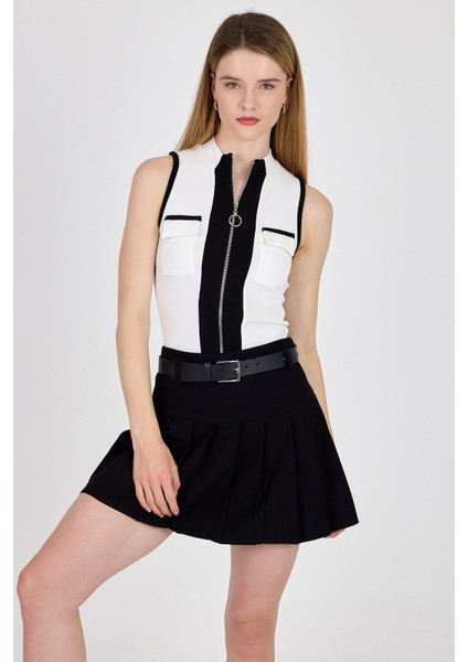 Beyaz Fermuarlı Örme Bluz 1449