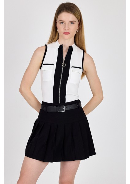 Beyaz Fermuarlı Örme Bluz 1449