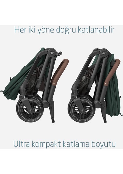 Leona2- Pebble S Tek Elle Katlanabilen Ultra Kompakt Çift Yönlü Seyahat Sistem Bebek Arabası Green- Black