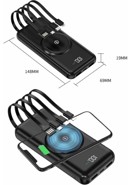 Wireless Powerbank 10000 Mah LED Ekranlı Dahili Kablolu Hızlı Şarj