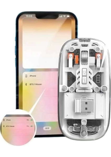 Mouse Fare Kablosuz Mouse Fare Şarjlı Bluetooth Sessiz 5 Tuşlu Şeffaf