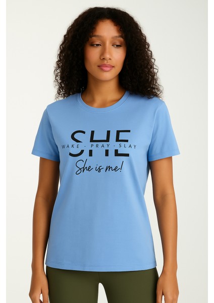 Mavi She Yazılı T-Shirt