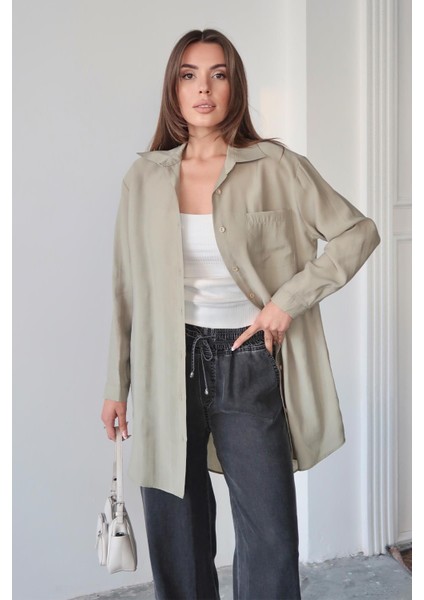 Cep Detaylı Rahat Kesim Liyosel Gömlek Açık Yeşil 9359