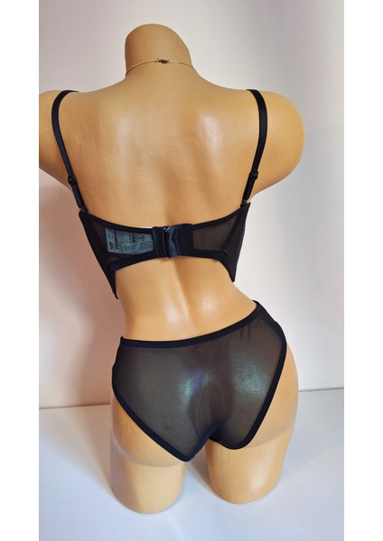 Siyah Destekli Gümüş Simli Hologram Push Up Bustiyer Sütyen Takımı