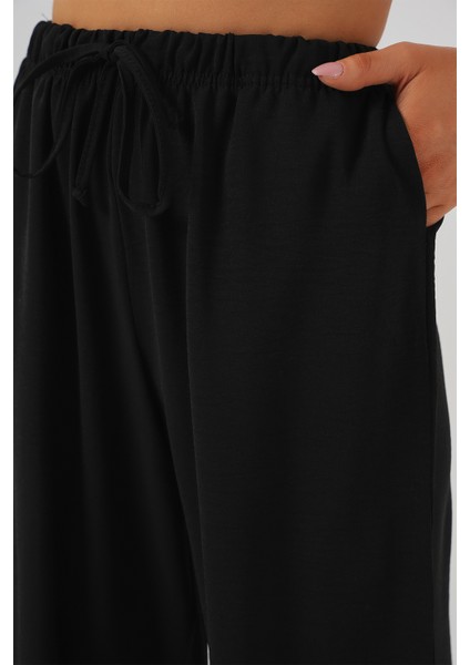 Kadın Yüksek Bel Bol Paça Pantolon - Siyah indirimleri