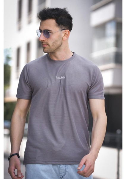 Pure Slim Fit Waffle Kumaş Bisiklet Yaka Baskılı Erkek Tshirt modelleri