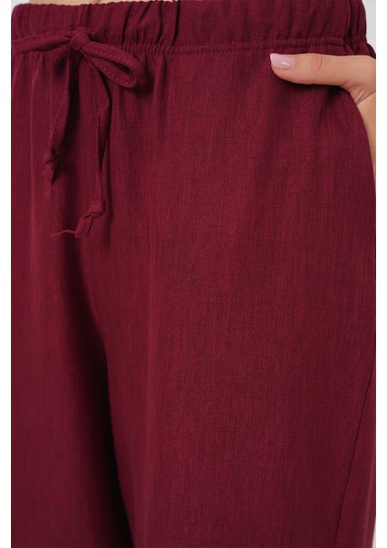 Kadın Geniş Paça Keten Pantolon 6735 - Bordo