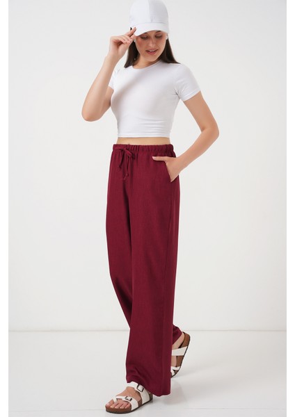 Kadın Geniş Paça Keten Pantolon 6735 - Bordo modelleri