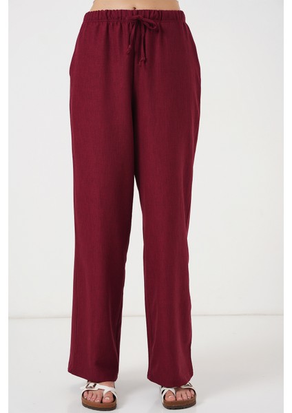 Kadın Geniş Paça Keten Pantolon 6735 - Bordo fırsatları