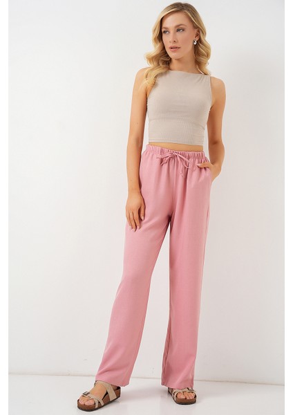 Kadın Geniş Paça Keten Pantolon 6735 - Pudra modelleri