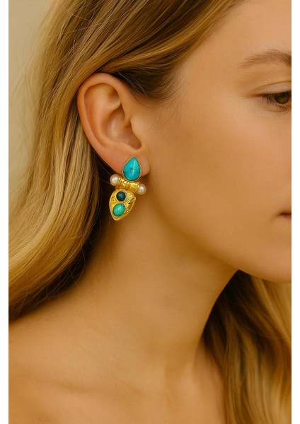 Turkuaz Taşlı Gold Etnik Görünüm Küpe