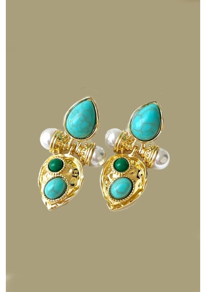 Turkuaz Taşlı Gold Etnik Görünüm Küpe fiyatları