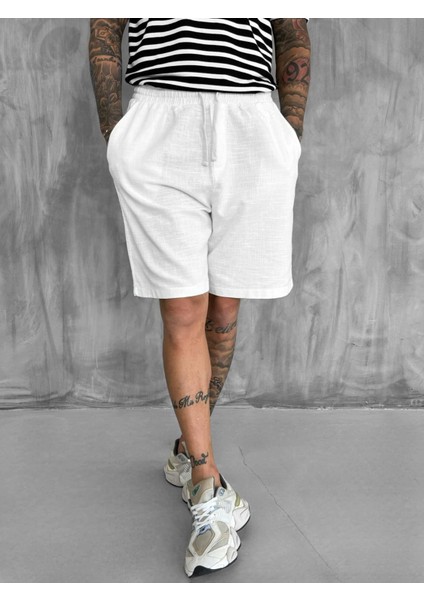 Erkek Beli Lastikli Keten Görünümlü Baggy Şort Ekru