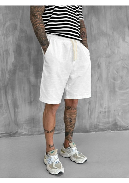 Erkek Beli Lastikli Keten Görünümlü Baggy Şort Ekru fiyatları