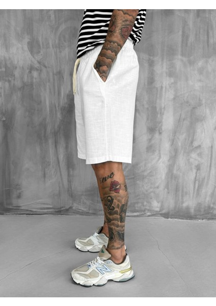 Erkek Beli Lastikli Keten Görünümlü Baggy Şort Ekru modelleri